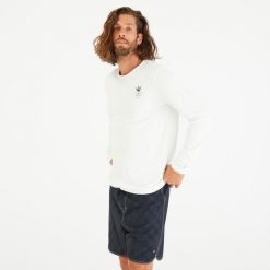 Koszulka UV surfingowa męska Olaian Flower UPF50+ długi rękaw. Białe bluzki z długim rękawem OLAIAN, m, bez wzorów, z dzianiny, bez kołnierzyka, bez ramiączek. Za 54.99 zł.