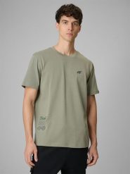 4F T-shirt regular z nadrukiem męski - oliwkowy S. Brązowe t-shirty 4F, m, bez wzorów, z materiału, bez kołnierzyka, bez ramiączek. Za 79.99 zł.