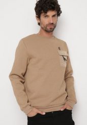 Beżowa Tłoczona Bluza Ozdobiona Kieszonką z Klapą Ansabeth. Brązowe bluzy Born2be, l, bez wzorów, z jeansu, bez kaptura. W wyprzedaży za 76.49 zł.