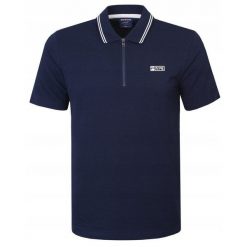 Koszulka Polo - Męska - Pako Jeans - Granatowa, Dekolt na Zamek. Niebieskie koszulki polo Pako Jeans, l, bez wzorów, z bawełny, bez kołnierzyka, bez ramiączek. Za 129.00 zł.
