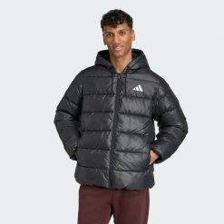 Kurtka z kapturem Essentials CLIMAWARM Synthetic Down Puffer. Czarne kurtki Adidas, bez wzorów, z kapturem. W wyprzedaży za 455.20 zł.