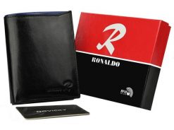Klasyczny portfel czarny Ronaldo N4-VT BLACK-BLUE. Czarne portfele RONALDO, bez wzorów, ze skóry. Za 65.99 zł.