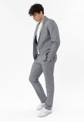 Materiałowe spodnie z lnem R-TONI. Eleganckie spodnie Volcano, na imprezę, l, bez wzorów, z materiału, eleganckie. Za 199.99 zł.