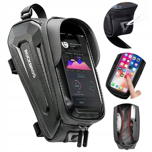 Torba rowerowa Rockbros na ramę z wodoodpornym pokrowcem na telefon 1,7l. Czarne torby na ramię ROCKBROS, z aplikacjami, z materiału, na ramię, duże, matowe, bez dodatków. Za 69.99 zł.