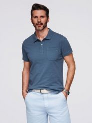 Koszulka polo klasyczna z bawełnianej dzianiny – ciemnoniebieska V8 - Rozmiar: L. Niebieskie koszulki polo sportowe Ombre Clothing, l, bez wzorów, z bawełny, bez kołnierzyka, bez ramiączek. W wyprzedaży za 97.49 zł.