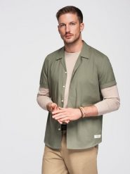 Koszula męska z krótkim rękawem i kubańskim kołnierzem - khaki V4 - Rozmiar: XXL. Brązowe koszule Ombre Clothing, na lato, l, bez wzorów, z bawełny, bez kołnierzyka, bez ramiączek. W wyprzedaży za 59.99 zł.