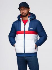 Kolorowa sportowa męska kurtka w stylu retro – niebiesko-biała V1. Niebieskie kurtki przejściowe Ombre Clothing, m, z aplikacjami, z materiału, bez kaptura. Za 379.99 zł.
