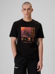 4F T-shirt relaxed z nadrukiem męski - czarny S. Czarne t-shirty 4F, m, bez wzorów, z bawełny, bez kołnierzyka, bez ramiączek. Za 79.99 zł.