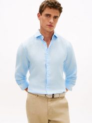 Tommy Hilfiger Tailored koszula lniana Mężczyźni Slim Fit len niebieski, XL. Niebieskie koszule Tommy Hilfiger Tailored, m, bez wzorów, ze lnu, bez kołnierzyka, bez ramiączek. Za 399.95 zł.