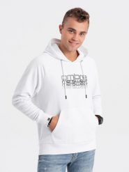Męska bluza nierozpinana z kapturem i nadrukiem - biała V1 OM-SSPS-0153 - XXL. Białe bluzy Ombre Clothing, l, bez wzorów, z bawełny, z kapturem. W wyprzedaży za 49.99 zł.