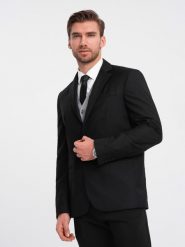 Męska klasyczna marynarka z kieszenią na poszetkę - czarna V4 OM-BLZB-0115 - XXL. Czarne garnitury Ombre Clothing, l, bez wzorów, z poliesteru, klasyczne. Za 309.99 zł.