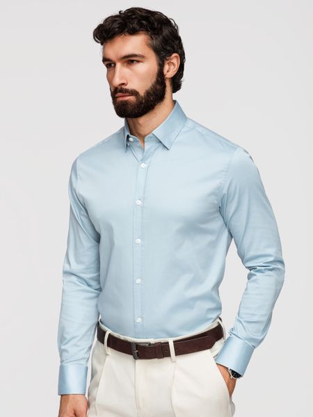 Klasyczna męska koszula SLIM FIT z satynowej tkaniny – niebieska V2 - Rozmiar: L. Niebieskie koszule Ombre Clothing, l, bez wzorów, z bawełny, bez kołnierzyka, bez ramiączek. W wyprzedaży za 202.99 zł.