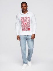 Nierozpinana męska bluza kangurka z kapturem i nadrukiem - biała V3 - Rozmiar: XL. Białe bluzy Ombre Clothing, m, bez wzorów, z bawełny, z kapturem. W wyprzedaży za 49.99 zł.