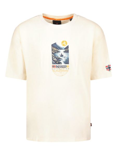 Geographical Norway Koszulka "Jembark" w kolorze kremowym rozmiar: XL. Brązowe bezrękawniki Geographical Norway, xl, bez wzorów, z bawełny, bez kołnierzyka, bez ramiączek. Za 60.95 zł.