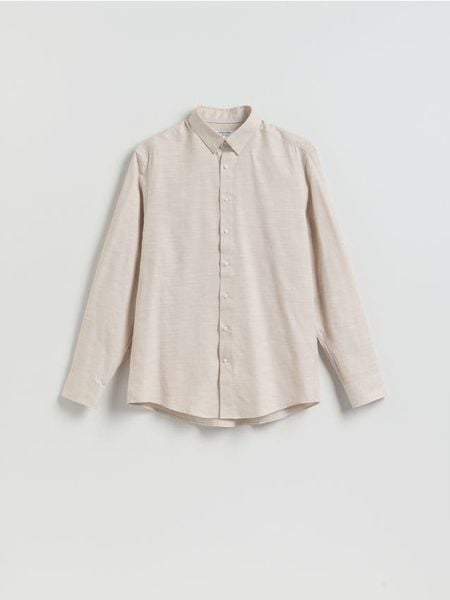 Gładka koszula regular fit - beżowy. Brązowe koszule Reserved, l, bez wzorów, z bawełny, bez kołnierzyka, bez ramiączek. Za 139.99 zł.