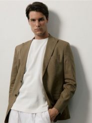 Marynarka slim fit z dodatkiem konopi - warm olive. Zielone garnitury Reserved, l, bez wzorów, z bawełny. Za 399.99 zł.