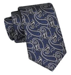 Elegancki Krawat Męski Angelo di Monti - Wzór Paisley na Granatowym Tle. Niebieskie krawaty i muchy Angelo di Monti, bez wzorów, z tkaniny. Za 45.00 zł.