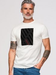 Męski T-shirt bawełniany z geometrycznym nadrukiem - biały V1 - Rozmiar: S. Białe t-shirty Ombre Clothing, m, z aplikacjami, z bawełny, bez kołnierzyka, bez ramiączek. W wyprzedaży za 59.99 zł.