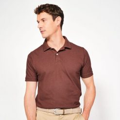 Koszulka polo do golfa z krótkim rękawem męska Inesis MW500. Brązowe koszulki polo sportowe INESIS, l, bez wzorów, z bawełny, bez kołnierzyka, bez ramiączek, na golfa. W wyprzedaży za 44.99 zł.