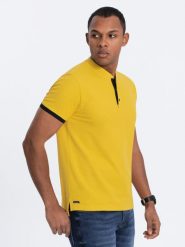 Męska koszulka polo bez kołnierzyka - żółta V9 - Rozmiar: S. Żółte koszulki polo sportowe Ombre Clothing, m, bez wzorów, z bawełny, bez kołnierzyka, bez ramiączek. W wyprzedaży za 39.99 zł.
