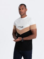 T-shirt męski bawełniany trójkolorowy z logo - czarno-brązowy V3 S1747 - M. Czarne t-shirty Ombre Clothing, m, bez wzorów, z bawełny, bez kołnierzyka, bez ramiączek. W wyprzedaży za 39.99 zł.