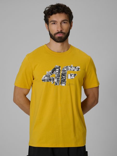 4F T-shirt regular z nadrukiem męski - żółty S. Żółte t-shirty 4F, m, bez wzorów, z dzianiny, bez kołnierzyka, bez ramiączek. Za 59.99 zł.