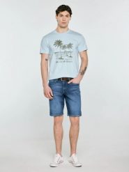 Koszulka męska z kontrastowym nadrukiem błękitna Omer 400. Niebieskie t-shirty BIG STAR, l, bez wzorów, z bawełny, bez kołnierzyka, bez ramiączek. Za 79.99 zł.