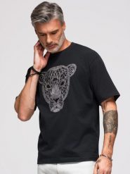 Męska koszulka loose fit z srebrno-czarną aplikacją pantery z cekinów i koralików - czarna V1. Czarne t-shirty Ombre Clothing, m, z aplikacjami, z bawełny, bez kołnierzyka, bez ramiączek. Za 297.99 zł.