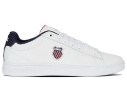 Buty - sneakersy - męskie - K-Swiss - Court Shield II - biało-granatowo-czerwone. Białe buty turystyczne K-SWISS, bez wzorów, z gumy, bez zapięcia, trekkingowe. Za 169.00 zł.