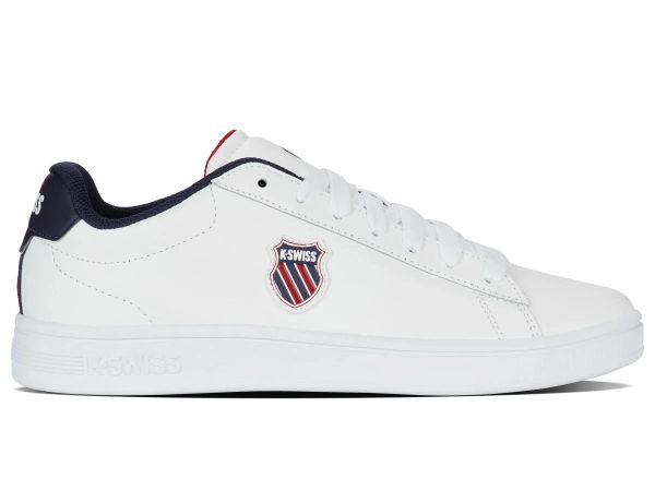 Buty - sneakersy - męskie - K-Swiss - Court Shield II - biało-granatowo-czerwone. Białe buty turystyczne K-SWISS, bez wzorów, z gumy, bez zapięcia, trekkingowe. Za 169.00 zł.