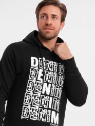 Męska bluza kangurka nierozpinana z kapturem i nadrukiem - czarna V1 - Rozmiar: XXL. Czarne bluzy Ombre Clothing, m, bez wzorów, z bawełny, z kapturem. W wyprzedaży za 49.99 zł.