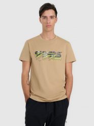4F T-shirt regular z nadrukiem męski - beżowy XL. Brązowe t-shirty 4F, m, bez wzorów, ze skóry, bez kołnierzyka, bez ramiączek. Za 69.99 zł.