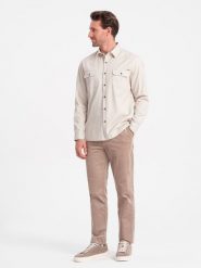 Męska bawełniana koszula REGULAR FIT z kieszeniami zapinanymi na guziki - kremowa V1 OM-SHCS-0146 - XXL. Białe koszule Ombre Clothing, l, bez wzorów, z bawełny, bez kołnierzyka, bez ramiączek. W wyprzedaży za 69.99 zł.