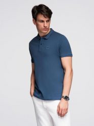 Jednokolorowa koszulka polo męska BASIC z dzianiny pique - ciemnoniebieska V13 - Rozmiar: XXL. Niebieskie koszulki polo sportowe Ombre Clothing, m, z aplikacjami, z bawełny, bez kołnierzyka, bez ramiączek. W wyprzedaży za 79.99 zł.