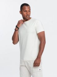 Męska bawełniana koszulka z delikatnym haftem – kremowa V2 OM-TSCT-0170 - XXL. Białe t-shirty Ombre Clothing, l, bez wzorów, z bawełny, bez kołnierzyka, bez ramiączek. W wyprzedaży za 29.99 zł.