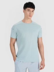 4F Koszulka treningowa regular szybkoschnąca męska 4F x Robert Lewandowski - turkusowa M. Niebieskie t-shirty 4F, m, bez wzorów, z dzianiny, bez kołnierzyka, bez ramiączek. Za 149.99 zł.