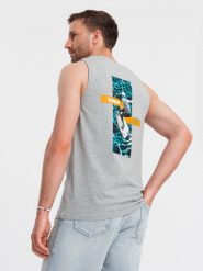 Bawełniany tank top męski z nadrukiem Summer Vibe – szary melanż V3 OM-TSTT-0191 - XXL. Szare bezrękawniki Ombre Clothing, bez wzorów, z bawełny, bez ramiączek. W wyprzedaży za 39.99 zł.