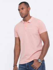 Koszulka polo z dzianiny pique - jasnoróżowa V5 S1746 - S. Czerwone koszulki polo sportowe Ombre Clothing, m, bez wzorów, z bawełny, bez kołnierzyka, bez ramiączek. W wyprzedaży za 39.99 zł.