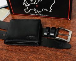 Zestaw męski skórzany premium Beltimore portfel pasek klasyczny U32 : Kolory - czarny, Rozmiar pasków - r.115-130 cm. Czarne paski bez wzorów. Za 114.90 zł.