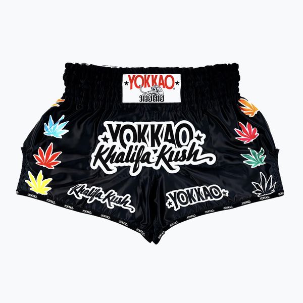 Spodenki treningowe męskie YOKKAO Khalifa Kush Muay Thai. Czarne krótkie spodenki sportowe YOKKAO, m, bez wzorów, z materiału. Za 289.99 zł.