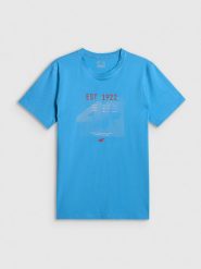 4F T-shirt regular z nadrukiem męski - niebieski XXL. Niebieskie t-shirty sportowe 4F, bez wzorów, z materiału, bez ramiączek, na fitness i siłownię. Za 69.99 zł.