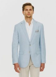 PAKO LORENTE – Lniana marynarka męska w kolorze niebieskim. Niebieskie garnitury Pako Lorente, na co dzień, m, bez wzorów, ze lnu, casualowe. Za 499.99 zł.