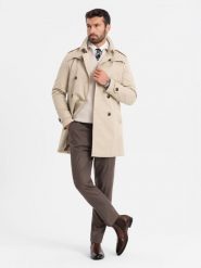 Elegancki męski płaszcz trencz SLIM FIT z paskiem – beżowy V1 OM-COSC-0126 - XXL. Brązowe płaszcze Ombre Clothing, l, bez wzorów, z materiału, eleganckie, bez kaptura. Za 251.99 zł.