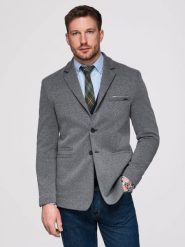Dzianinowa marynarka męska o dopasowany kroju SLIM FIT - grafitowa V1 - Rozmiar: S. Szare garnitury Ombre Clothing, do pracy, m, bez wzorów, z bawełny. W wyprzedaży za 265.99 zł.