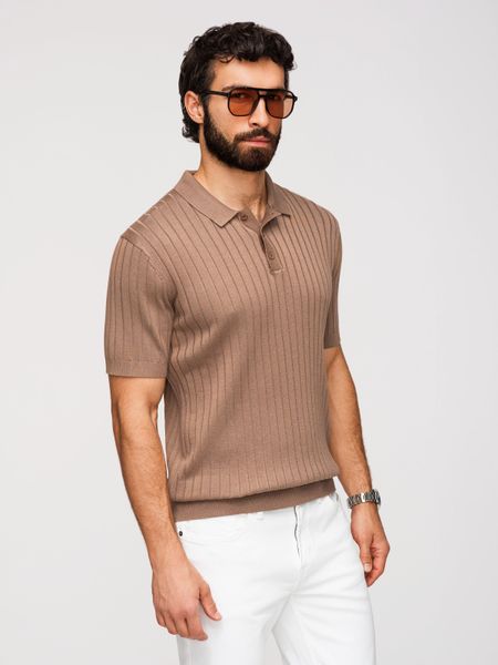 Męska koszulka polo z wiskozą SLIM FIT w pionowy prążek – jasnobrązowa V5 - Rozmiar: XXL. Brązowe koszulki polo sportowe Ombre Clothing, m, bez wzorów, z dzianiny, bez kołnierzyka, bez ramiączek. W wyprzedaży za 73.50 zł.