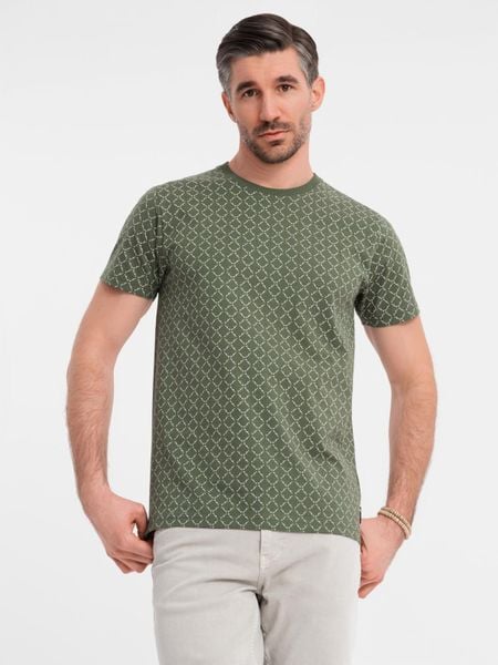 Koszulka męska dzianinowa z nadrukiem full print – oliwkowa V2 - Rozmiar: XXL. Zielone t-shirty Ombre Clothing, m, bez wzorów, z bawełny, bez kołnierzyka, bez ramiączek. W wyprzedaży za 71.49 zł.