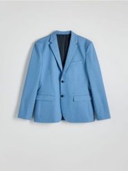 Marynarka slim fit - jasnoniebieski. Niebieskie garnitury Reserved, l, bez wzorów, z dzianiny. Za 249.99 zł.