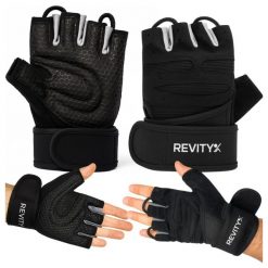 Rękawiczki treningowe na siłownię z usztywniaczem nadgarstka i pętlami 2 w 1, S. Czarne rękawiczki REVITY, bez wzorów, z poliesteru. Za 69.99 zł.