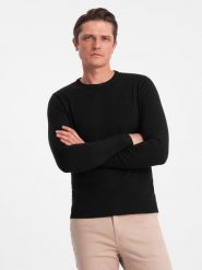 Męski klasyczny sweter z wiskozą BASIC z okrągłym dekoltem – czarny V2 OM-SWBS-0106 - XXL. Czarne swetry nierozpinane Ombre Clothing, l, bez wzorów, z wiskozy, bez kołnierzyka, bez ramiączek. W wyprzedaży za 89.99 zł.
