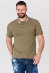 GUESS Khaki męska koszulka polo z paskiem na kołnierzyku, Rozmiar S. Zielone koszulki polo sportowe Guess, m, z aplikacjami, prążkowane, bez kołnierzyka, bez ramiączek. W wyprzedaży za 199.99 zł.